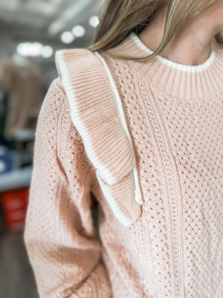 Chelsea's Blush/Ivory Ruffle Shoulder Detail Long Sleeve Sweater Top