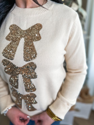 Cream/Gold Bowtiful Christmas Glamour Long Sleeve Sweater