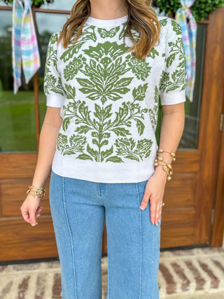 White W/ Olive Green Jacquard Crew Neck Short Sleeve Sweater