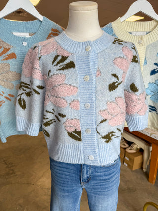 Powder Blue Pink Petal & Knit Short Sleeve Cardigan