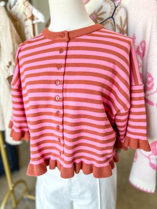 Strawberry & Cocoa Main Street Striped Ruffle Knit Top