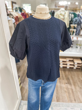 Navy Sweater Days Puff Sleeve Top
