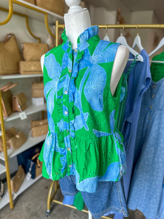 Green Blushing Blooms Eyelet Peplum Top
