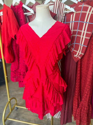 Red Serenade Ruffle V-Neck Cutout Mini Dress