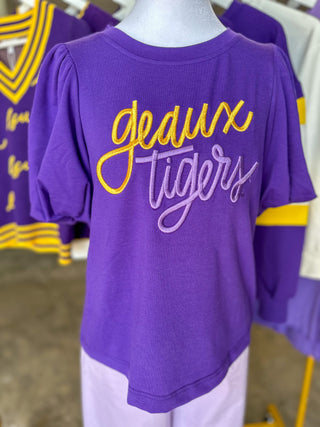 Purple Tina Geaux Tigers Embroidered Puff Sleeve Top