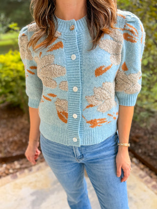 Blue Taupe Petal & Knit Short Sleeve Cardigan