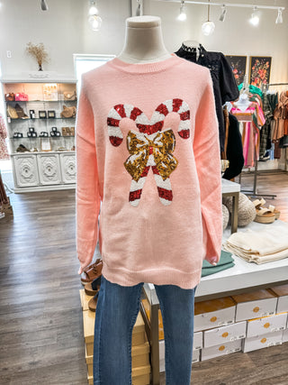 Pink Candy Cane Sweetness Christmas Sequin Sweater