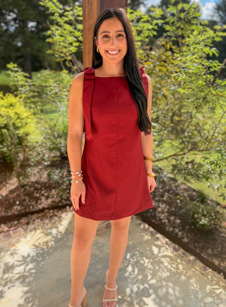 Burgundy Poised & Polished Straight Neckline Bow Ties Mini Dress