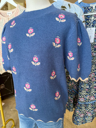 Mae Girl Blue Half Sleeve Finely Embroidered Sweater Top