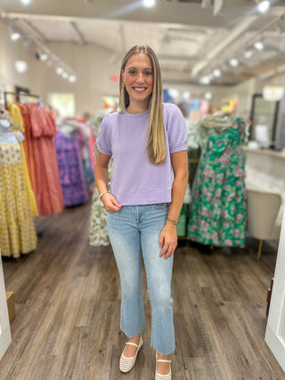 Lavender Round Neck Cloudy Knit Short Puff Sleeve Top