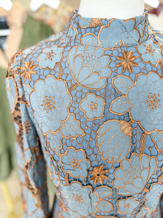 Blue/Bronze Vintage Lace Charm Mini Dress