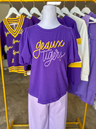 Purple Tina Geaux Tigers Embroidered Puff Sleeve Top