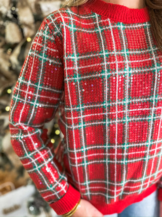 Clear Sequin Red/Green Plaid Christmas Pullover