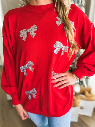 Red Sequin Bow Long Sleeve Top