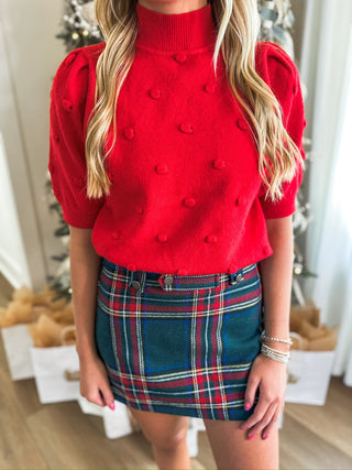 Red Polka Dot Textured Sweater Top
