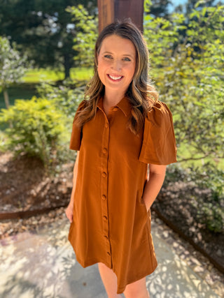 Camel Charm Button Down Collared Mini Dress