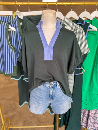 Forest Green & Chambray Effortlessly Chic Contrast Top