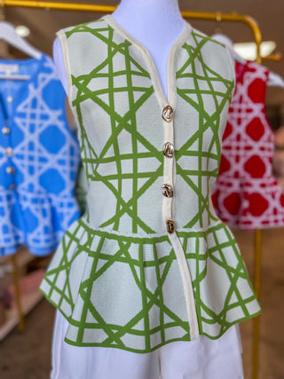 Ecru W/ Green Delicate Lines Gold Button Peplum Top