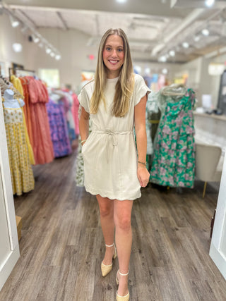 Ecru Sunny Skies Scallop Tie Waist Mini Dress