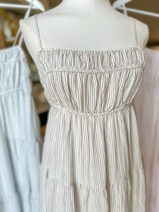 Mocha Brown Stripe Shirred Empire Waist Midi Dress