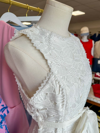 White Ever After Floral Lace Belted Mini Dress