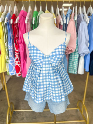 Sky Blue Summer Gingham Peplum Tank Top