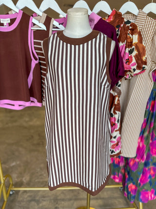 Brown Contrast Striped Easy Going Mini Dress