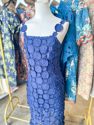 Navy Hyacinth Lace Fringe Midi Dress