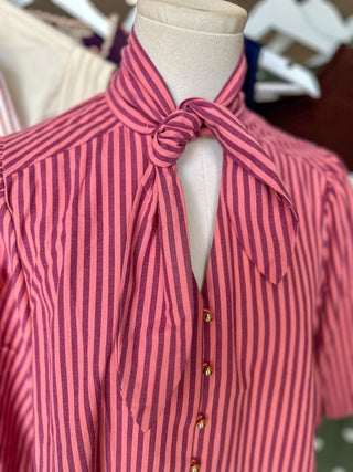 Wine Striped Magnolia Bow Button Down Blouse