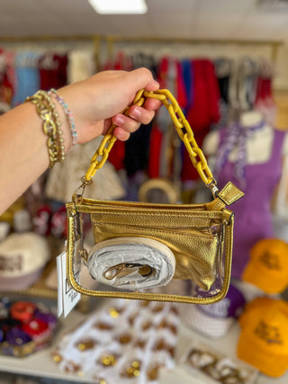 Gold Jessica Stadium Clear Crossbody Bag w/ Chain Accent