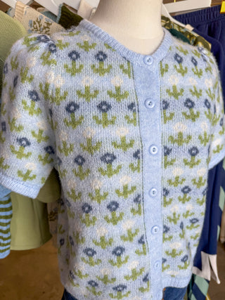 Blue Cashmere Soft Blossom Button Down Cardigan