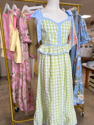 Honeydew & Blue Sweetheart Gingham Corset Midi Dress