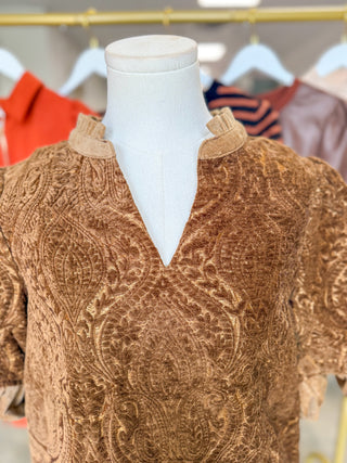 Brown Tonal Paisley Ruffle Detail Top