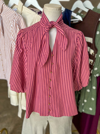 Wine Striped Magnolia Bow Button Down Blouse