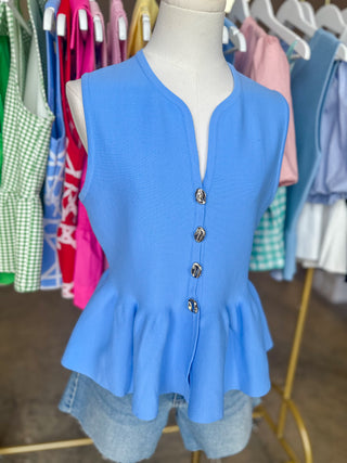 The Blue Polished Peplum Silver Button Top