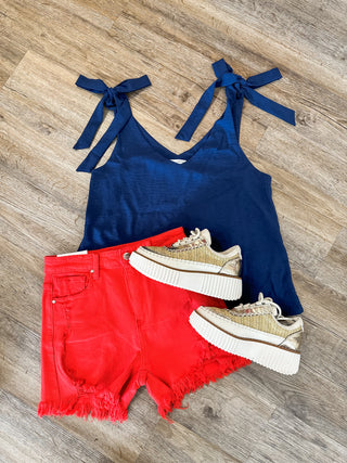 Risen Fiesta Red Definitely Distressed Denim Shorts