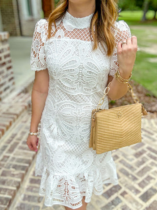 White Timeless Lace Short Sleeve Mini Dress