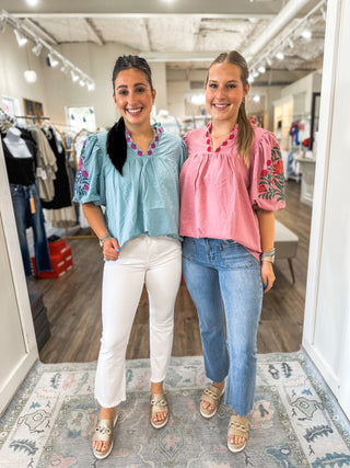 Mint Blue Mariposa Market Embroidered Puff Sleeve Top