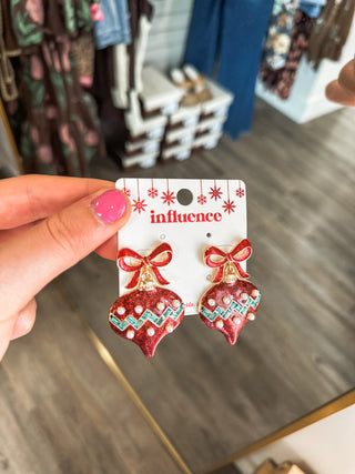 Red Bow W/ Red & Green Glitter Ornament Christmas Earrings