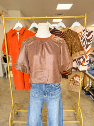 Brown Modern Faux Leather Blouse