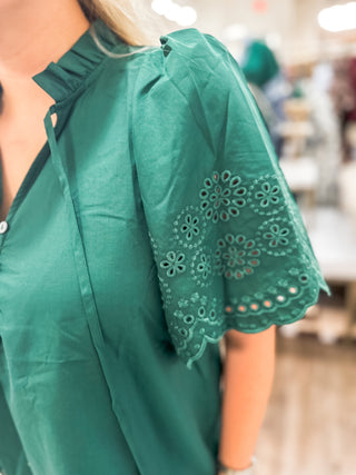 The Hunter Green Claire Eyelet Trim Blouse