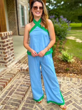 Blue & Green Seaside Breeze Halter Top Pants Set