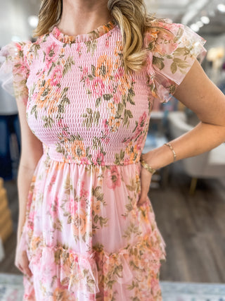 Blush Rosewood Ruffle Floral Tulle Fabric Smocked Tiered Maxi Dress