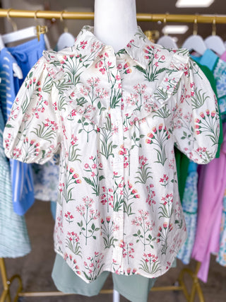 Rose Pink & Green Ditsy Floral Ruffle Defined Collar Top