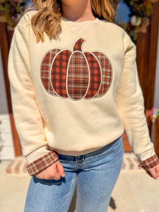 Ecru Plaid Pumpkin Patchwork Sweater