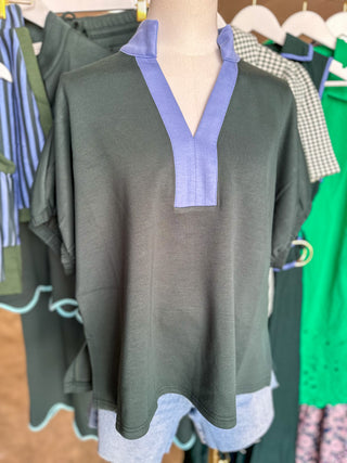 Forest Green & Chambray Effortlessly Chic Contrast Top