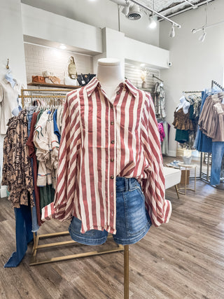 Deep Red Candy Stripe Balloon Sleeve Button Down Top