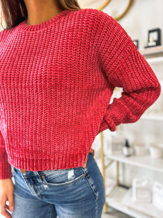 Dark Red So So Chenille Round Neck Crop Sweater