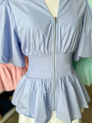 The Pretty in Periwinkle Smocked Peplum Top