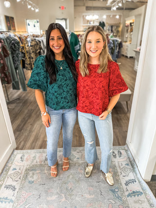 Hunter Green Runway Rose Jacquard Blouse